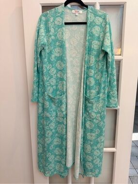 LuLaRoe Sarah Teal Mint Floral Open Front Long Cardigan Sweater Duster Size M